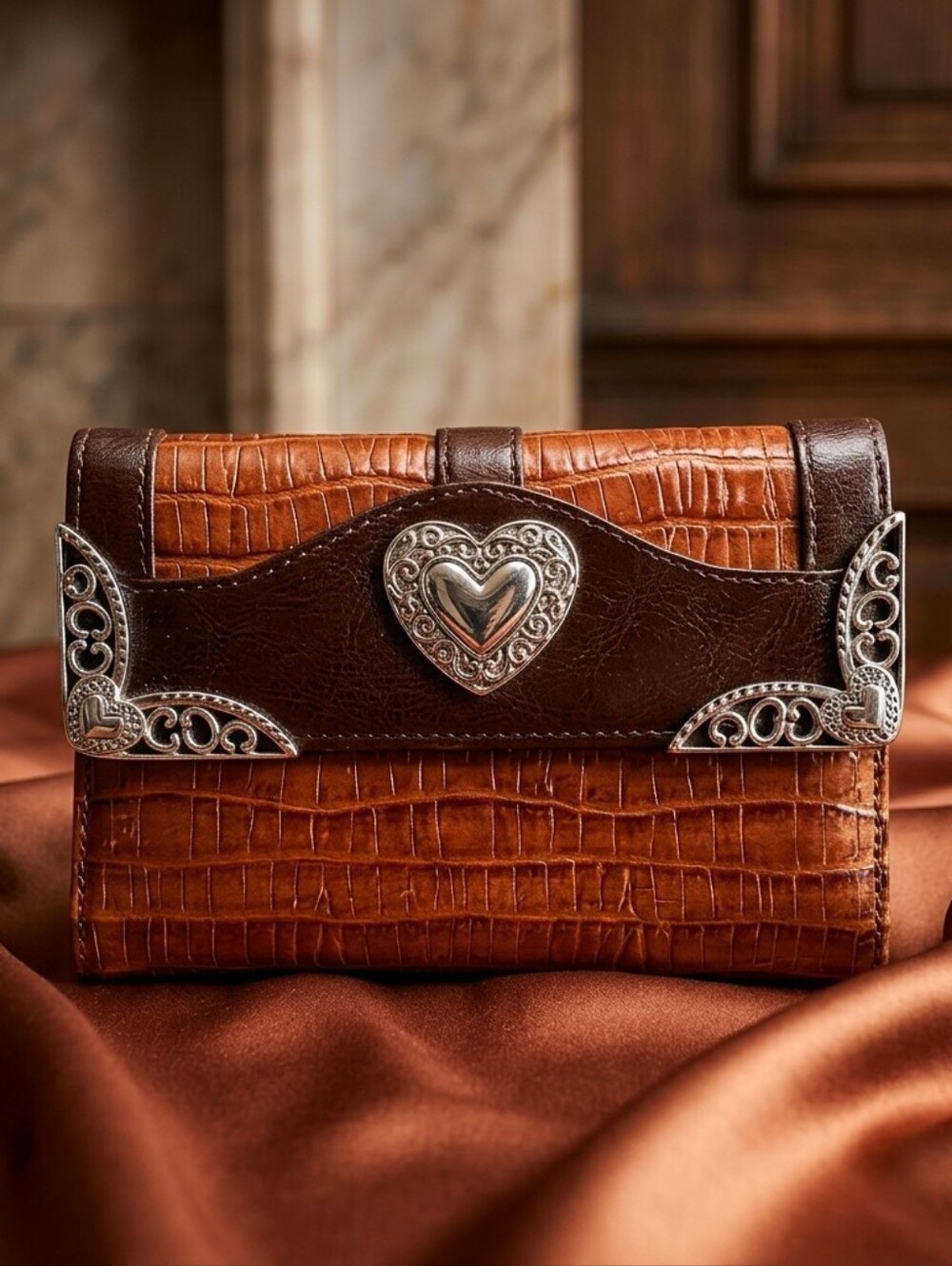 Western Boho Croc-Embossed Heart Tri-Fold Wallet